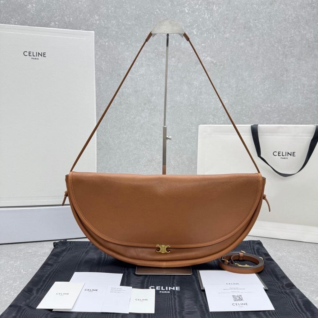 CELINE Halfmoon Bag 46cm Lambskin Vintage Large Hobo Shoulder Bag with Triomphe Metallic Hardware – Image 1