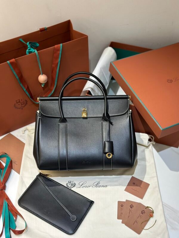 1 Loro Piana Loom L32 Grained Calfskin Handbag 33cm Designer Tote Bag with Padlock & Pouch