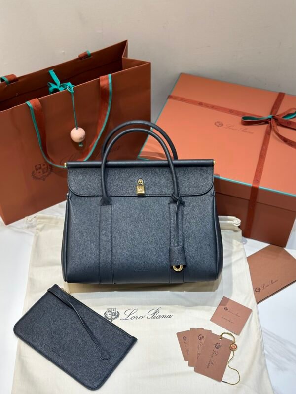 Loro Piana Loom L32 Handbag 33cm Tender Calfskin Luxury Designer Tote Bag with Gold Padlock & Removable Pouch