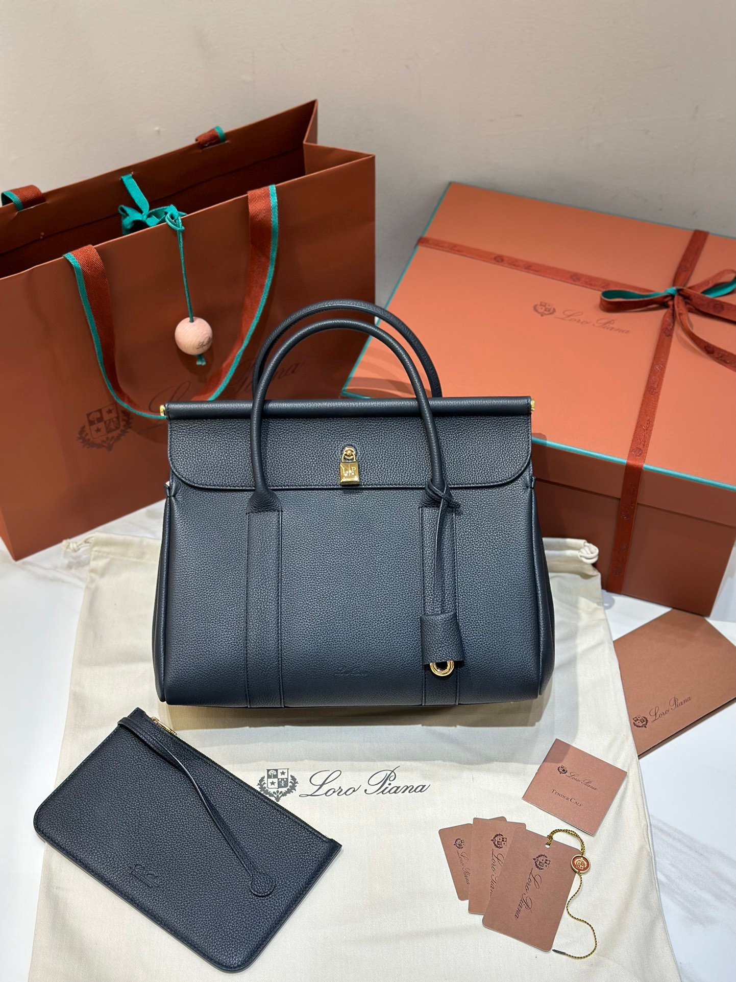 Loro Piana Loom L32 Handbag 33cm Tender Calfskin Luxury Designer Tote Bag with Gold Padlock & Removable Pouch