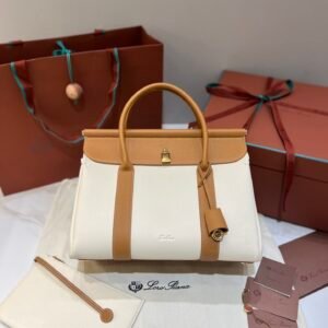 Loro Piana Loom L32 Bag 33cm Designer Canvas & Leather Tote Handbag Work & Travel Satchel with Detachable Pouch Loro Piana Loom L32 Bag 33cm Designer Canvas & Leather Tote Handbag Work & Travel Satchel with Detachable Pouch