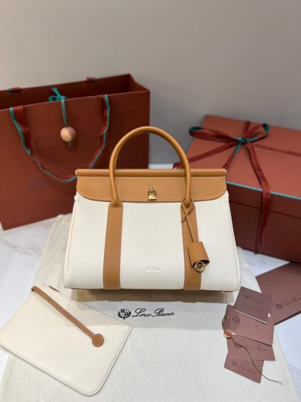 Loro Piana Loom L32 Bag 33cm Designer Canvas & Leather Tote Handbag Work & Travel Satchel with Detachable Pouch