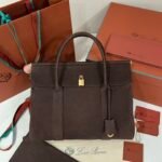Loro Piana Loom L32 Handbag 33cm Dark Brown Grained Calfskin Leather Tote with Signature Gold Padlock and Key