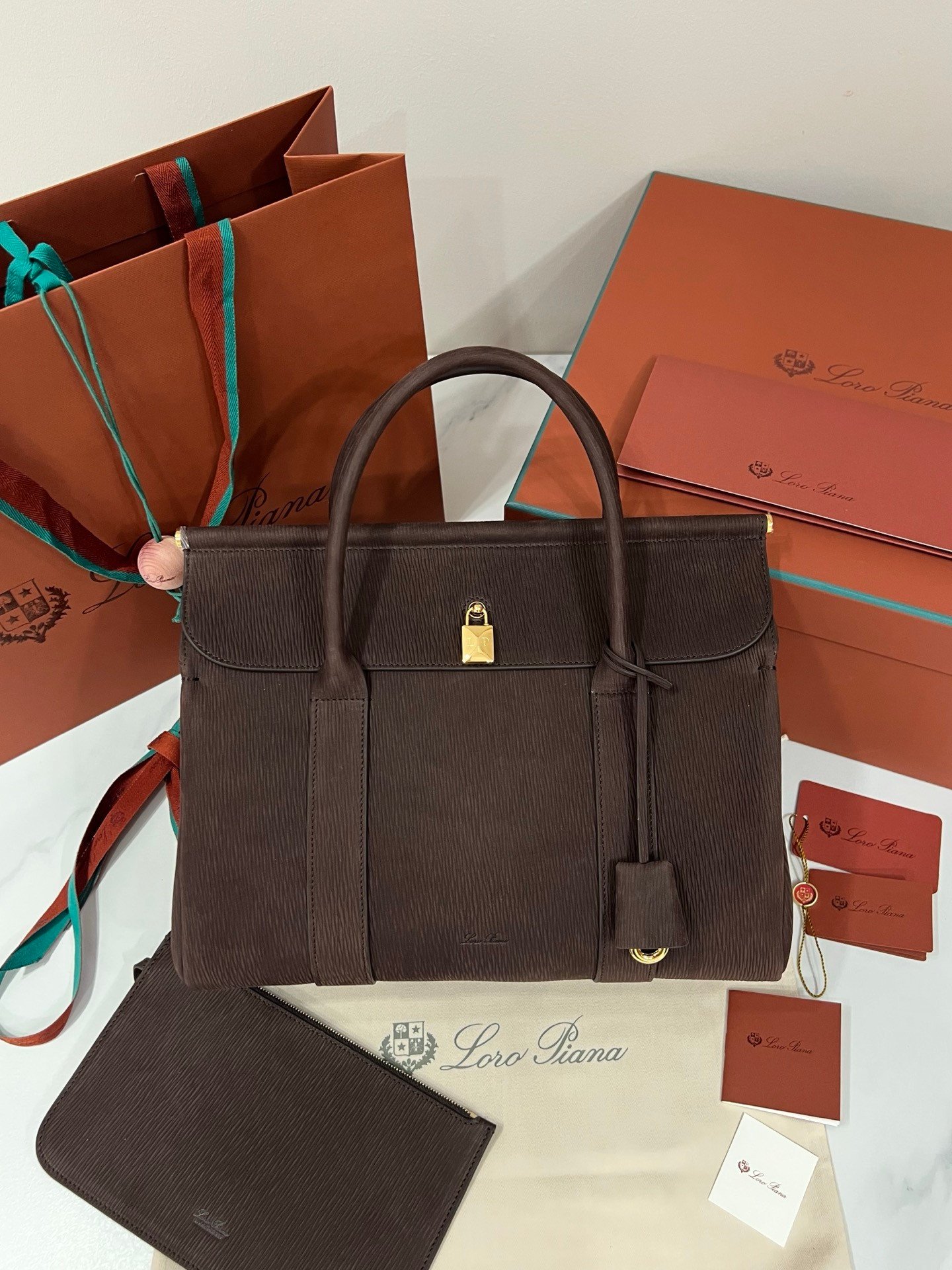 Loro Piana Loom L32 Handbag 33cm Dark Brown Grained Calfskin Leather Tote with Signature Gold Padlock and Key