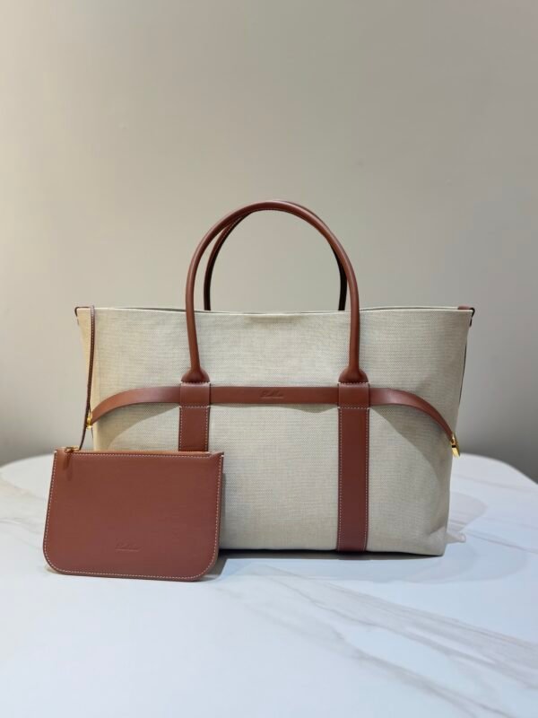 Loro Piana Ghiera Shopper Large Canvas Tote Bag 40cm Shoulder Bag for Work and Travel with Grained Leather Trim