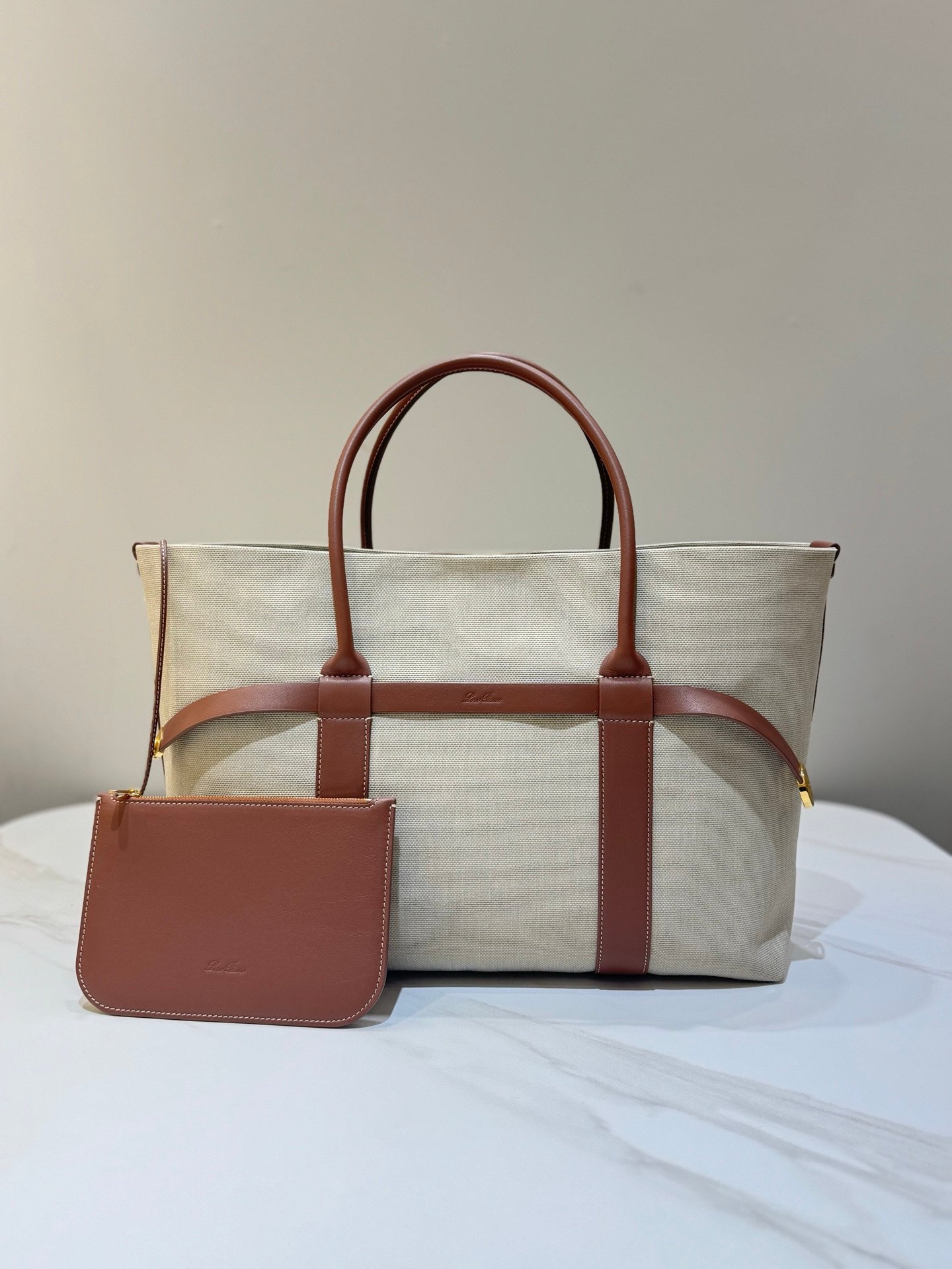 Loro Piana Ghiera Shopper Large Canvas Tote Bag 40cm Shoulder Bag for Work and Travel with Grained Leather Trim