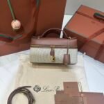 Loro Piana Extra Bag L23 Caramel Leather & Linen Canvas Crossbody Handbag 23cm for Women Top-Handle Bag with Signature Charms Loro Piana Extra Bag L23 Caramel Leather & Linen Canvas Crossbody Handbag 23cm for Women Top-Handle Bag with Signature Charms