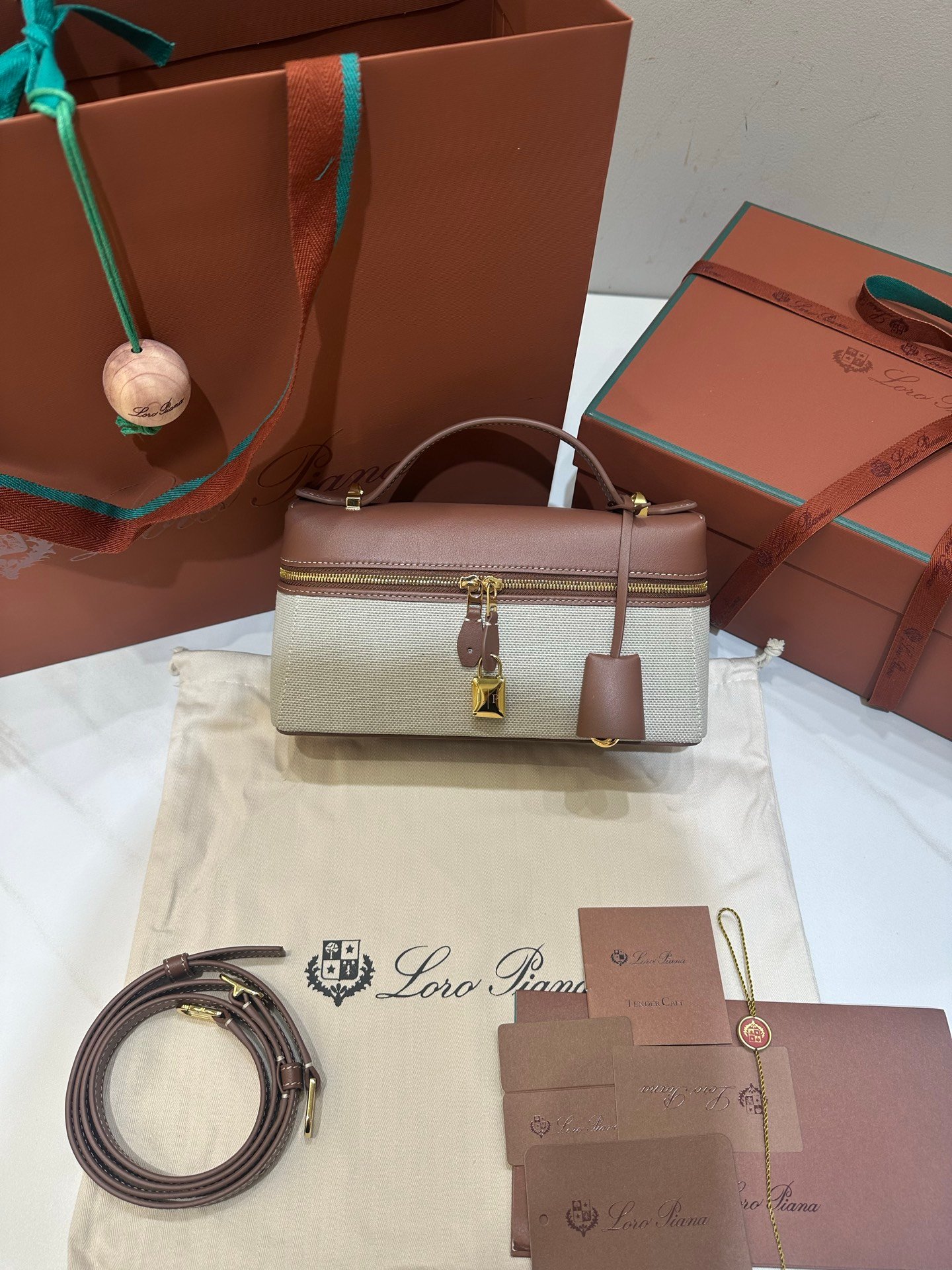 Loro Piana Extra Bag L23 Caramel Leather & Linen Canvas Crossbody Handbag 23cm for Women Top-Handle Bag with Signature Charms Loro Piana Extra Bag L23 Caramel Leather & Linen Canvas Crossbody Handbag 23cm for Women Top-Handle Bag with Signature Charms