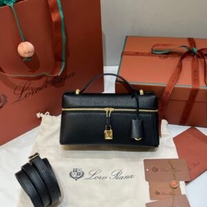 Loro Piana L23 Extra Handbag 23cm Black Textured Leather Minimalist Shoulder Bag with Gold Hardware and Gift Box Loro Piana L23 Extra Handbag 23cm Black Textured Leather Minimalist Shoulder Bag with Gold Hardware and Gift Box