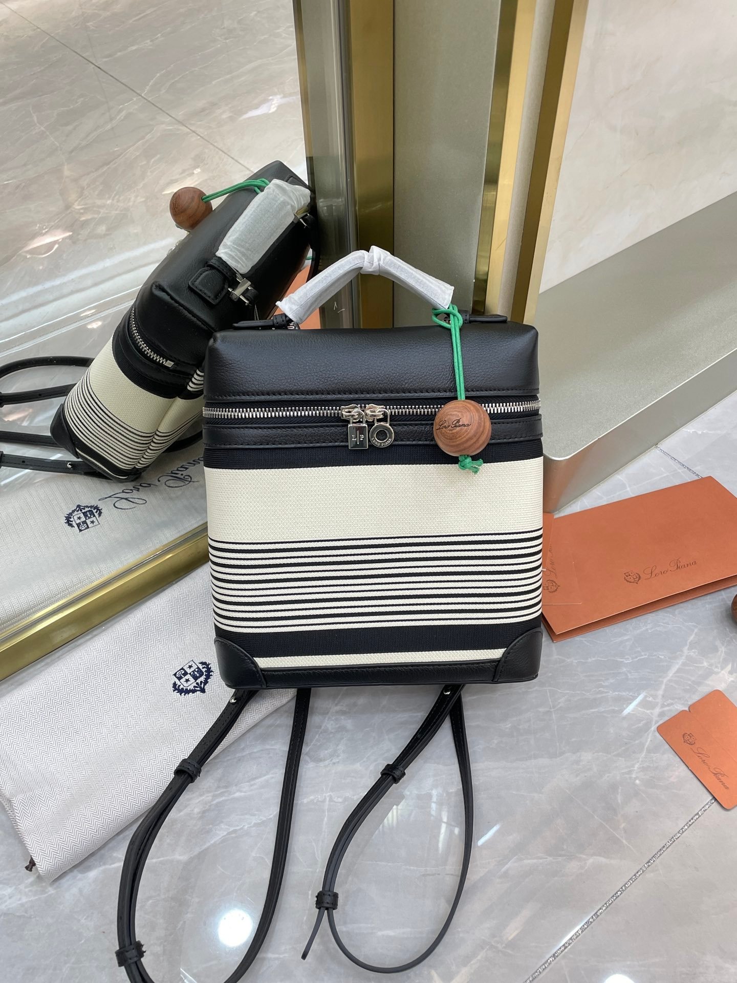 Loro Piana L23.5 Extra Pocket Backpack Striped Canvas Calfskin Leather Mini Bag Versatile 2-Way Top Handle Convertible Shoulder Bag Loro Piana L23.5 Extra Pocket Backpack Striped Canvas Calfskin Leather Mini Bag Versatile 2-Way Top Handle Convertible Shoulder Bag