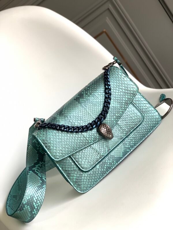 1 BVLGARI Serpenti Forever MaxiChain Medium Shoulder Bag Pearlescent Afterglow Aquamarine Blue Python Exotic Leather Crossbody Bag
