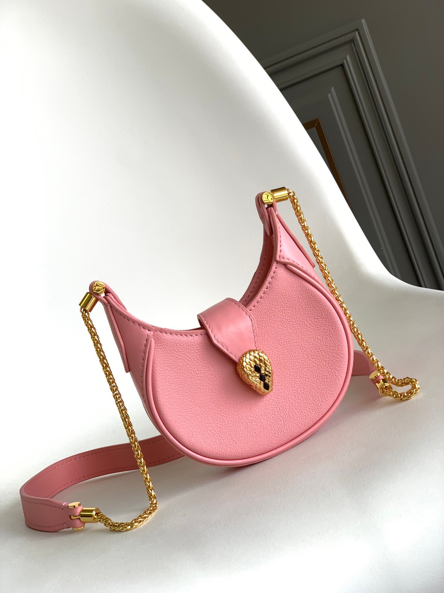 BVLGARI Serpenti Ellipse Mini Crossbody Bag Calf Leather Crescent Shoulder Bag with Snake Head Buckle High-End Purse for Women – Image 2