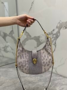 BVLGARI Serpenti Ellipse Calf Leather Shoulder Bag Pink Silver Metallic Half-Moon Crossbody Bag