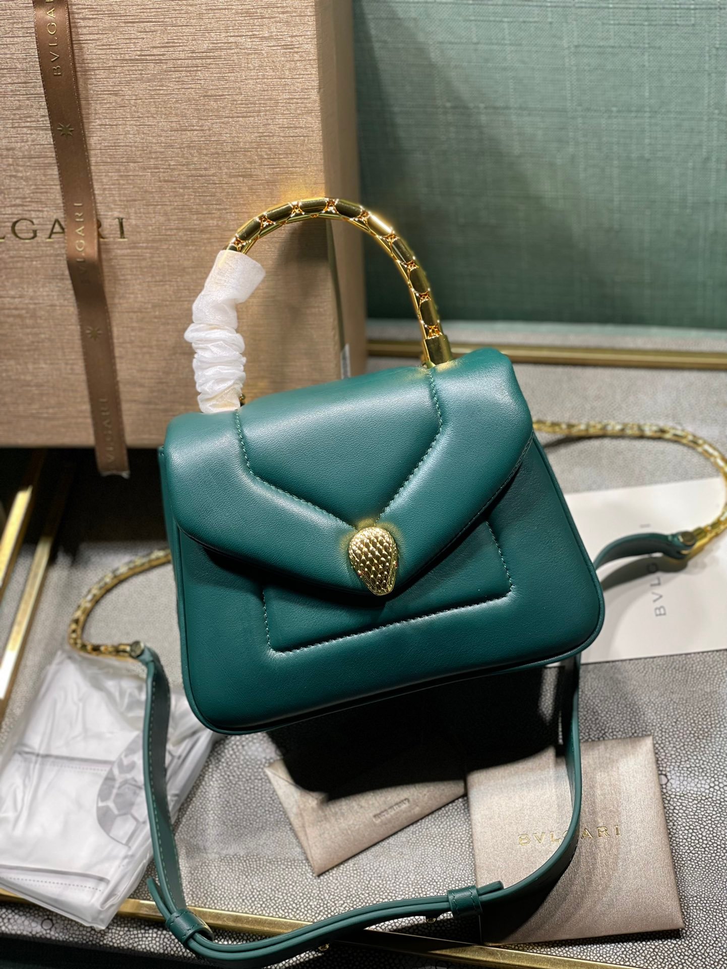 BVLGARI Serpenti Reverse Small Quilted Calfskin Top Handle Bag 20cm with Snake Metal Handle and Iconic Magnetic Chain Crossbody Strap BVLGARI Serpenti Reverse Small Quilted Calfskin Top Handle Bag 20cm with Snake Metal Handle and Iconic Magnetic Chain Crossbody Strap