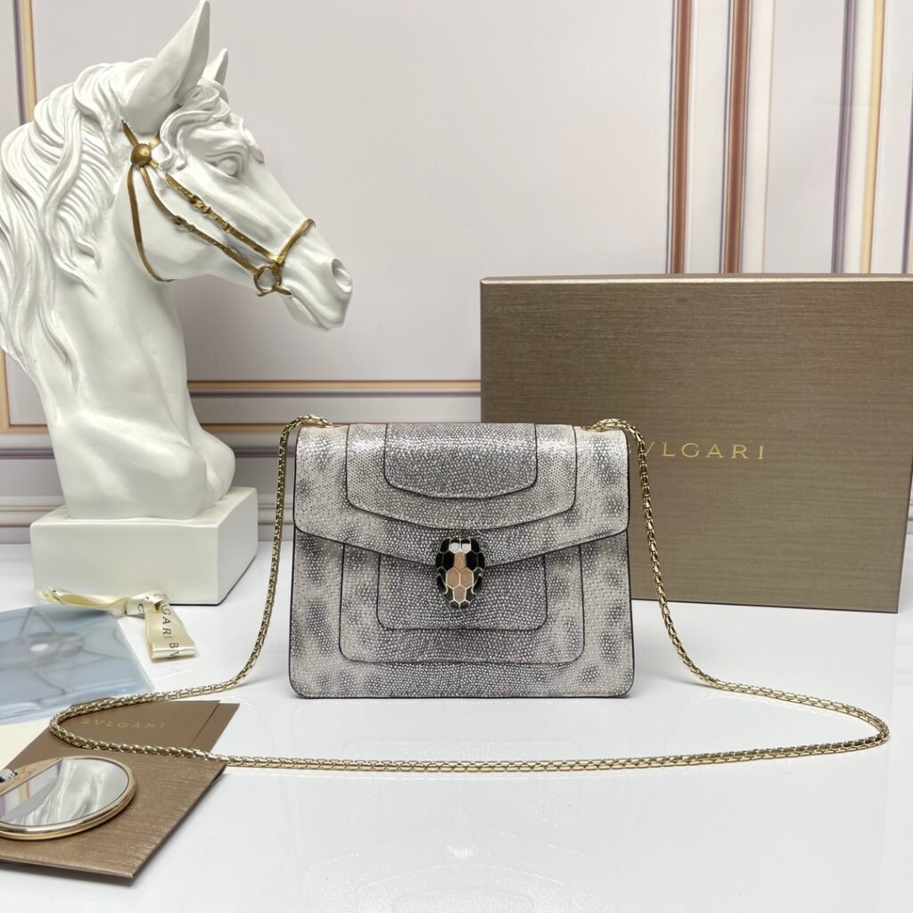 BVLGARI Serpenti Forever Silver-White Karung Skin Shoulder Bag Snakeskin Crossbody Handbag 20cm – Image 1