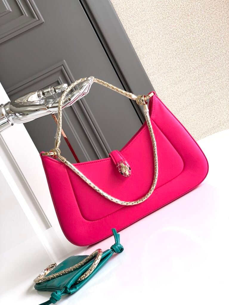 BVLGARI Serpenti Baia Small Shoulder Bag in Calf Leather Snake Head Flap Bag Fuchsia Pink & Emerald Green – Image 2