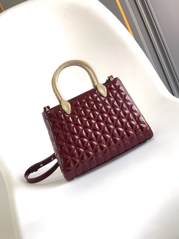 1 BVLGARI Serpentine Duo Tote Bag 21.5cm Designer Quilted Patent Leather Evening Bag with Snake Handles