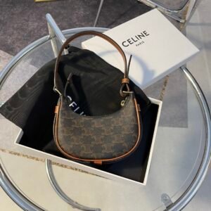 CELINE New Mini Ava Bag 16cm Triomphe Canvas and Calfskin Trim Crescent Underarm Bag