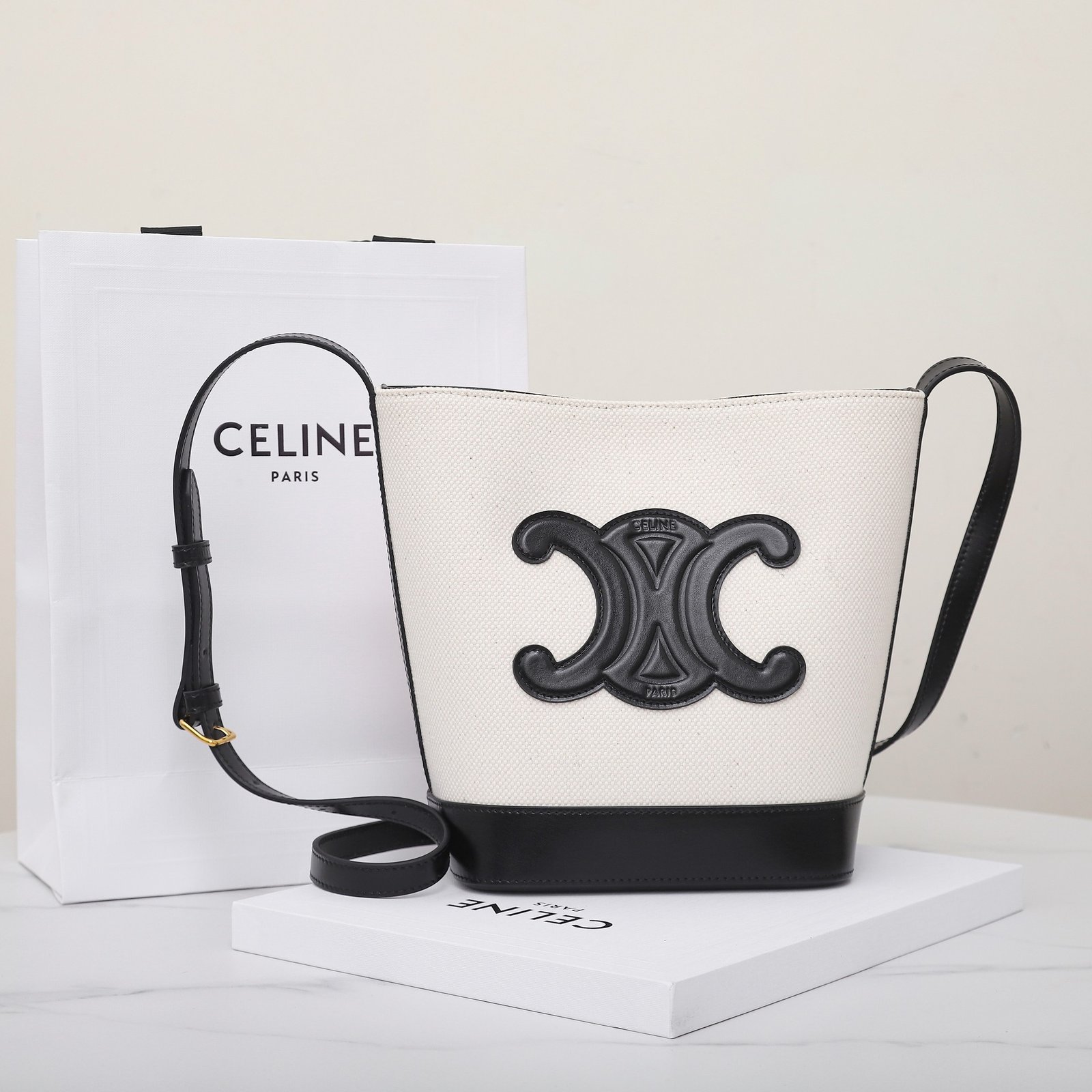 CELINE Triomphe Small Bucket Bag 22x17cm Canvas and Calfskin 3D Logo Shoulder Bag for Women Tan and Black 10