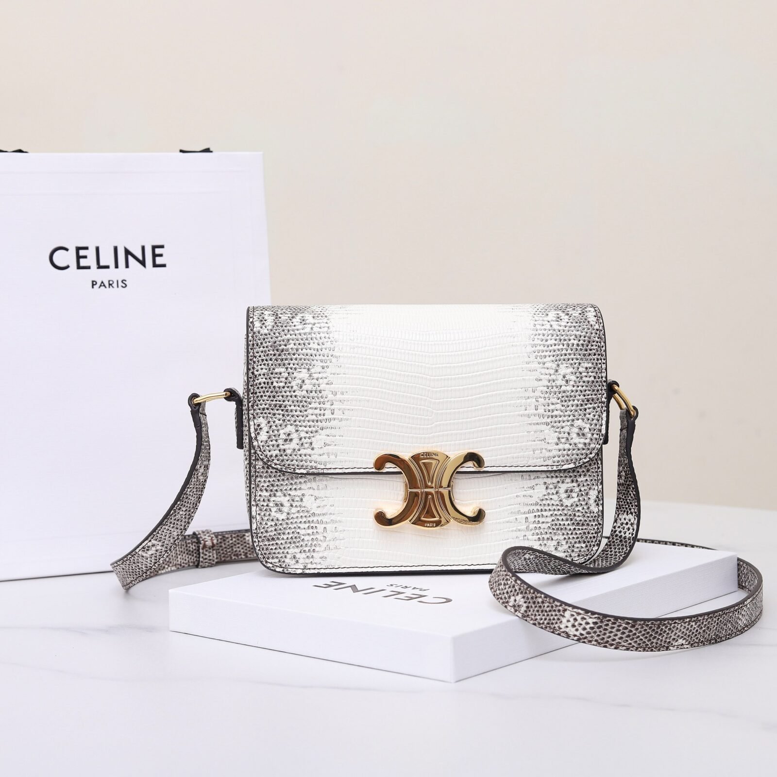Celine Triomphe Classique Shoulder Bag 18.5cm Lizard and Crocodile Embossed Leather Crossbody Handbag 10