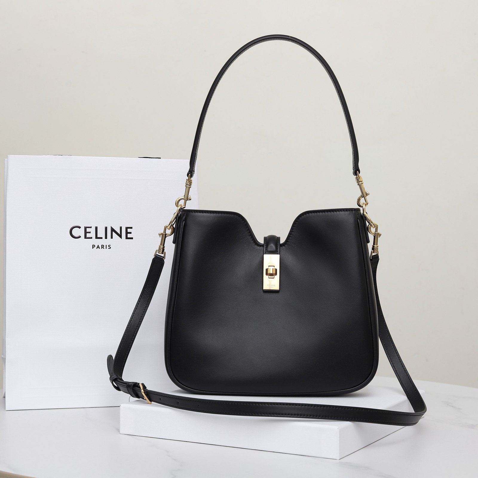 Celine Calfskin Shoulder Bag 24.5cm Minimalist Crossbody Handbag with Gold Hardware Twist-Lock 2025 10
