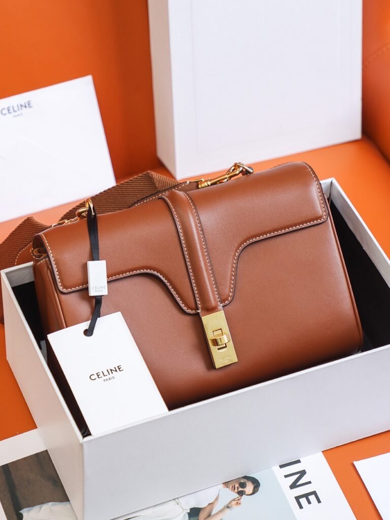 CELINE TEEN SOFT 16 Bag 23cm Smooth Calfskin Tan and Navy Blue Crossbody Bag with Strap – Image 8