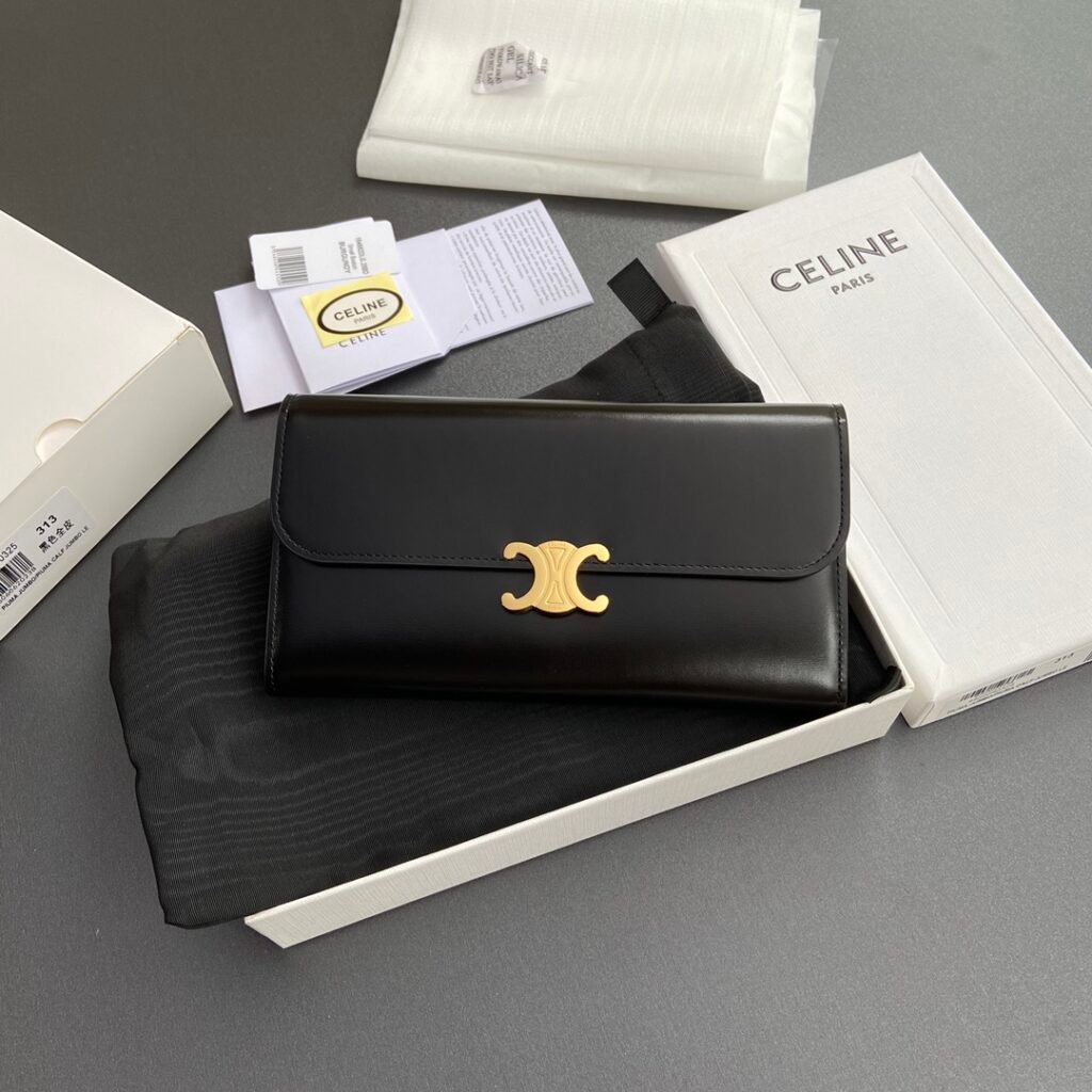 CELINE TRIOMPHE Large Flap Wallet 19cm WOC in Canvas, Black & Pebble Calfskin – Image 5