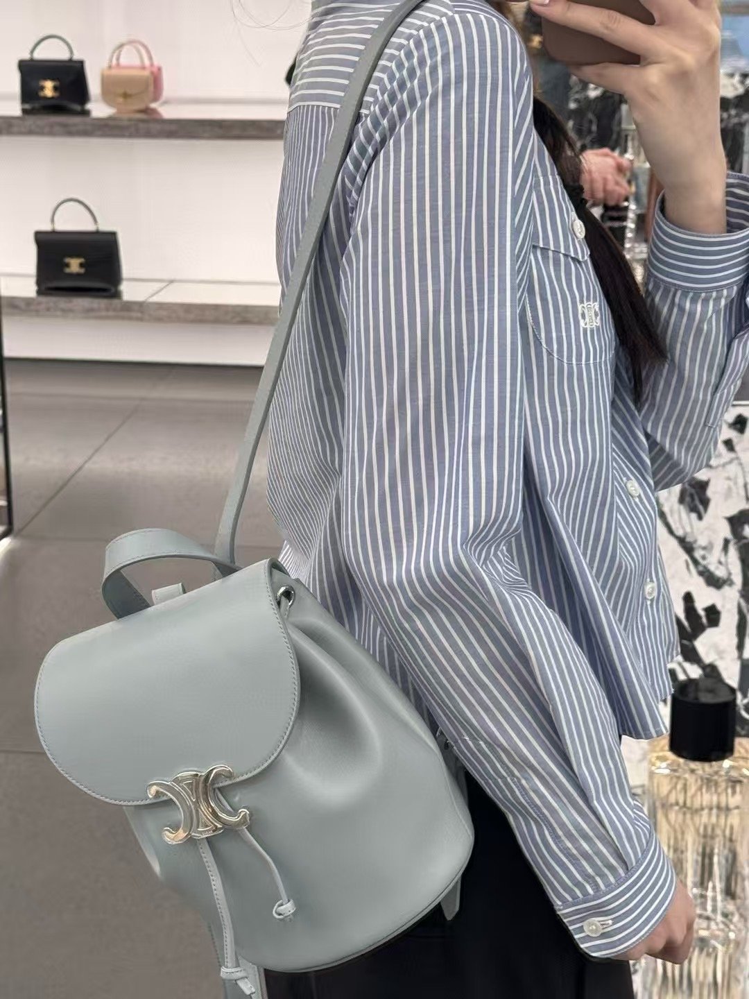 Celine Small Triomphe Backpack Shiny Calfskin Pale Blue Mini Rucksack for Women – Image 10 Celine Small Triomphe Backpack Shiny Calfskin Pale Blue Mini Rucksack for Women – Image 10