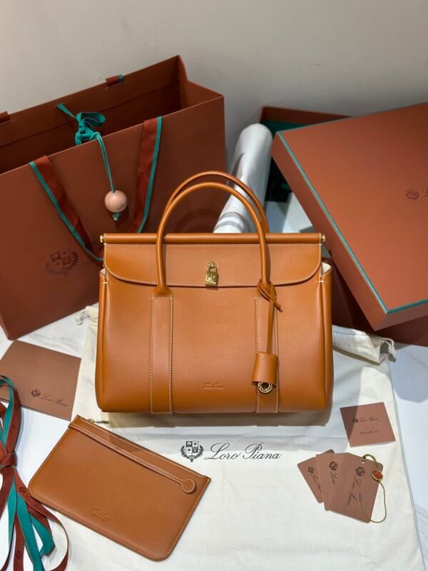 10 Loro Piana Loom L32 Grained Calfskin Handbag 33cm Designer Tote Bag with Padlock & Pouch