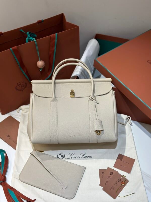 Loro Piana Loom L32 Handbag 33cm Tender Calfskin Luxury Designer Tote Bag with Gold Padlock & Removable Pouch
