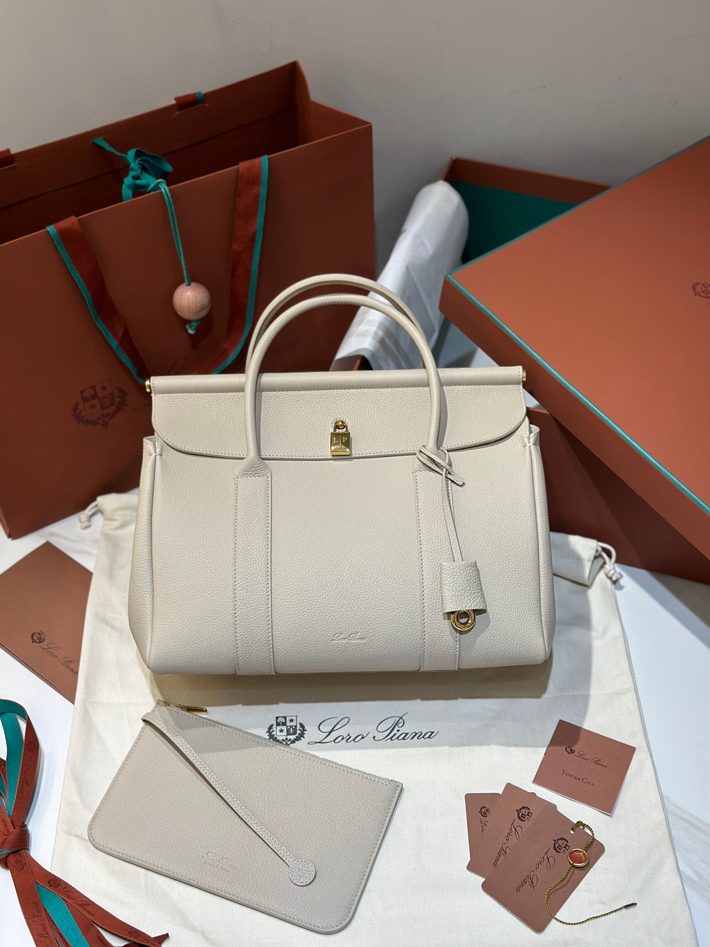 Loro Piana Loom L32 Handbag 33cm Tender Calfskin Luxury Designer Tote Bag with Gold Padlock & Removable Pouch