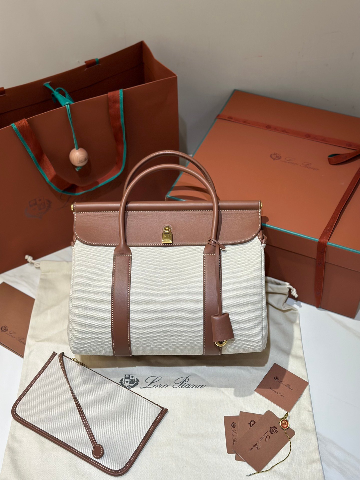 Loro Piana Loom L32 Bag 33cm Designer Canvas & Leather Tote Handbag Work & Travel Satchel with Detachable Pouch