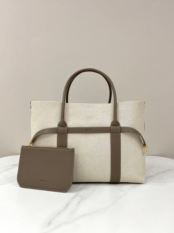 Loro Piana Ghiera Shopper Large Canvas Tote Bag 40cm Shoulder Bag for Work and Travel with Grained Leather Trim