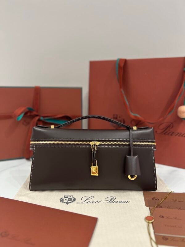 Loro Piana Extra L29 Clutch Bag 29cm Saddle Leather Elegant Handmade Designer Leather Handheld Purse with Signature Gold Padlock