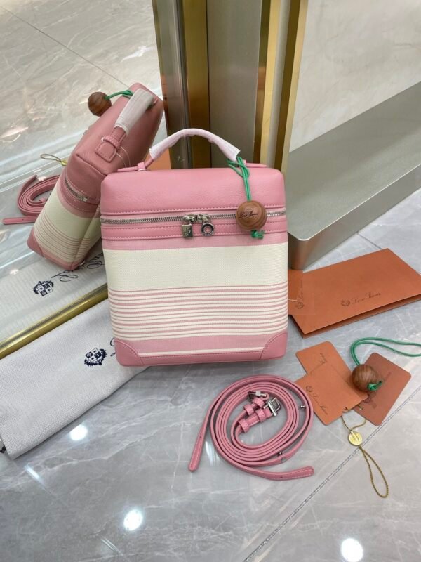 10 Loro Piana L23.5 Extra Pocket Backpack Striped Canvas Calfskin Leather Mini Bag Versatile 2-Way Top Handle Convertible Shoulder Bag