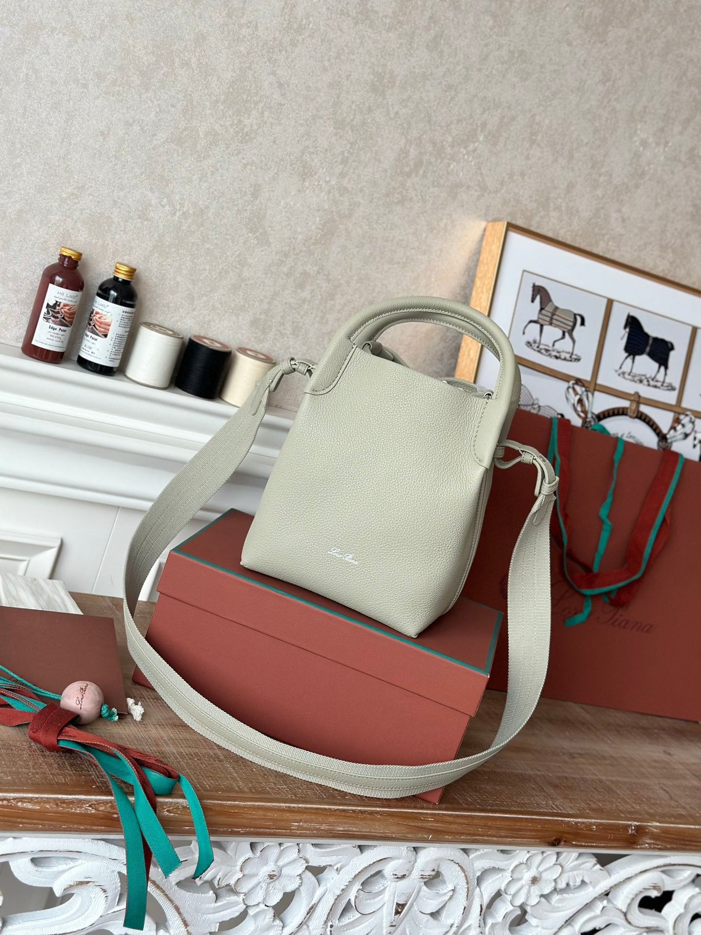 Loro Piana Medium Bale Bag Grained Calfskin Minimalist Bucket Bag with Detachable Shoulder Strap 6 Colors