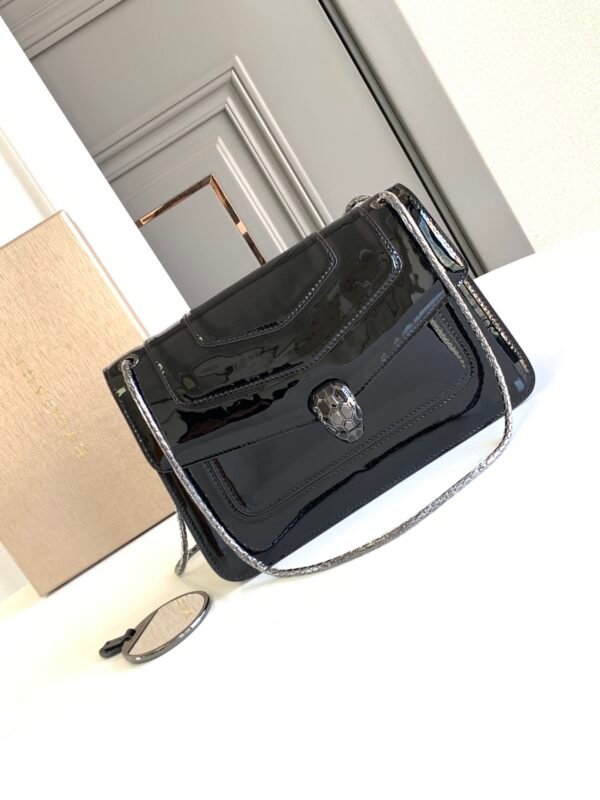 10 BVLGARI Serpenti Forever Glossy Calfskin Shoulder Bag 25cm Multi-Compartment Chain Bag with Snakehead Closure