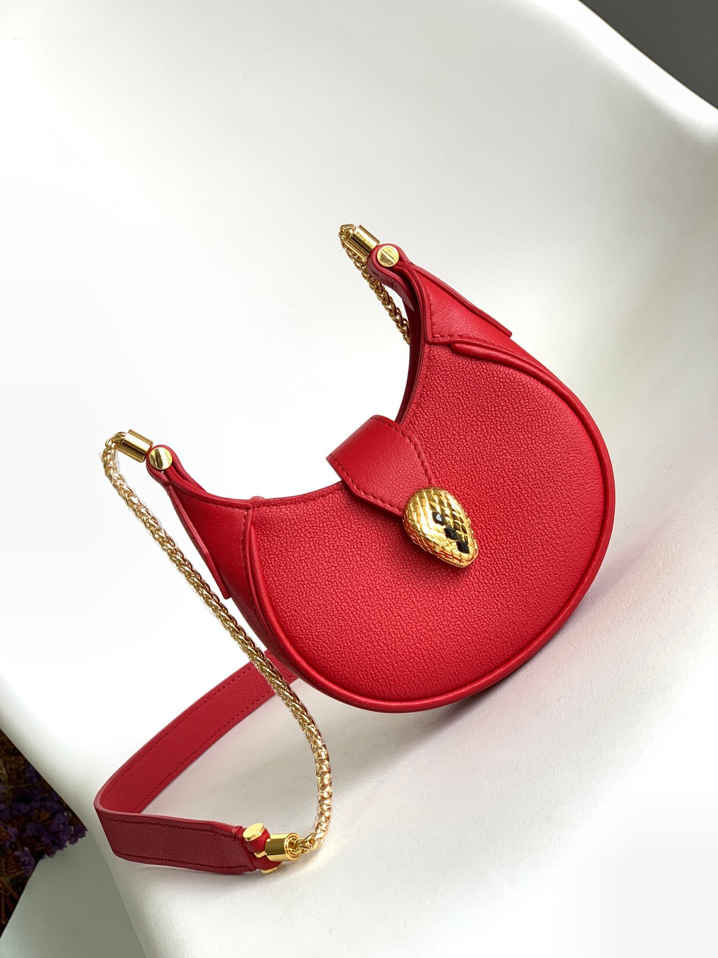 BVLGARI Serpenti Ellipse Mini Crossbody Bag Calf Leather Crescent Shoulder Bag with Snake Head Buckle High-End Purse for Women – Image 5