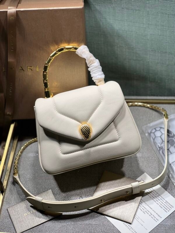 10 BVLGARI Serpenti Reverse Small Quilted Calfskin Top Handle Bag 20cm with Snake Metal Handle and Iconic Magnetic Chain Crossbody Strap