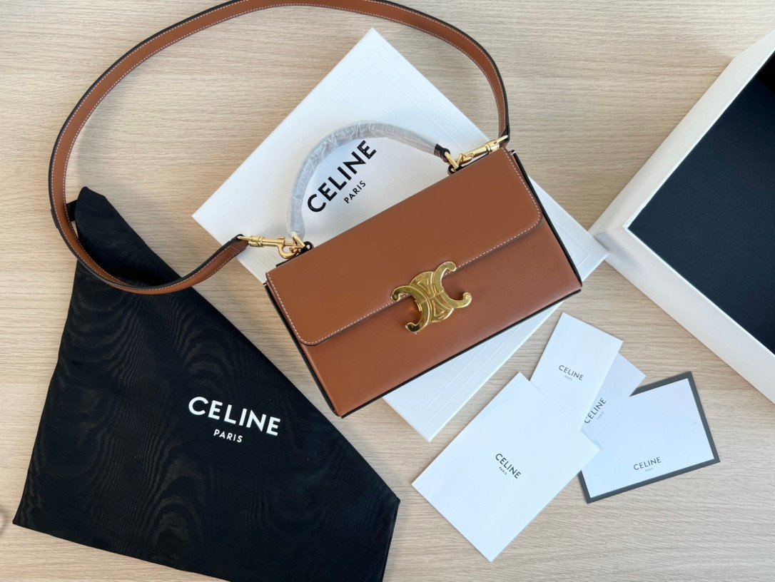 CELINE Box Triomphe Bag 22cm Shiny Calfskin and Triomphe Canvas Leather Shoulder and Crossbody Handbag with Gold-Finish Metallic Closure 10