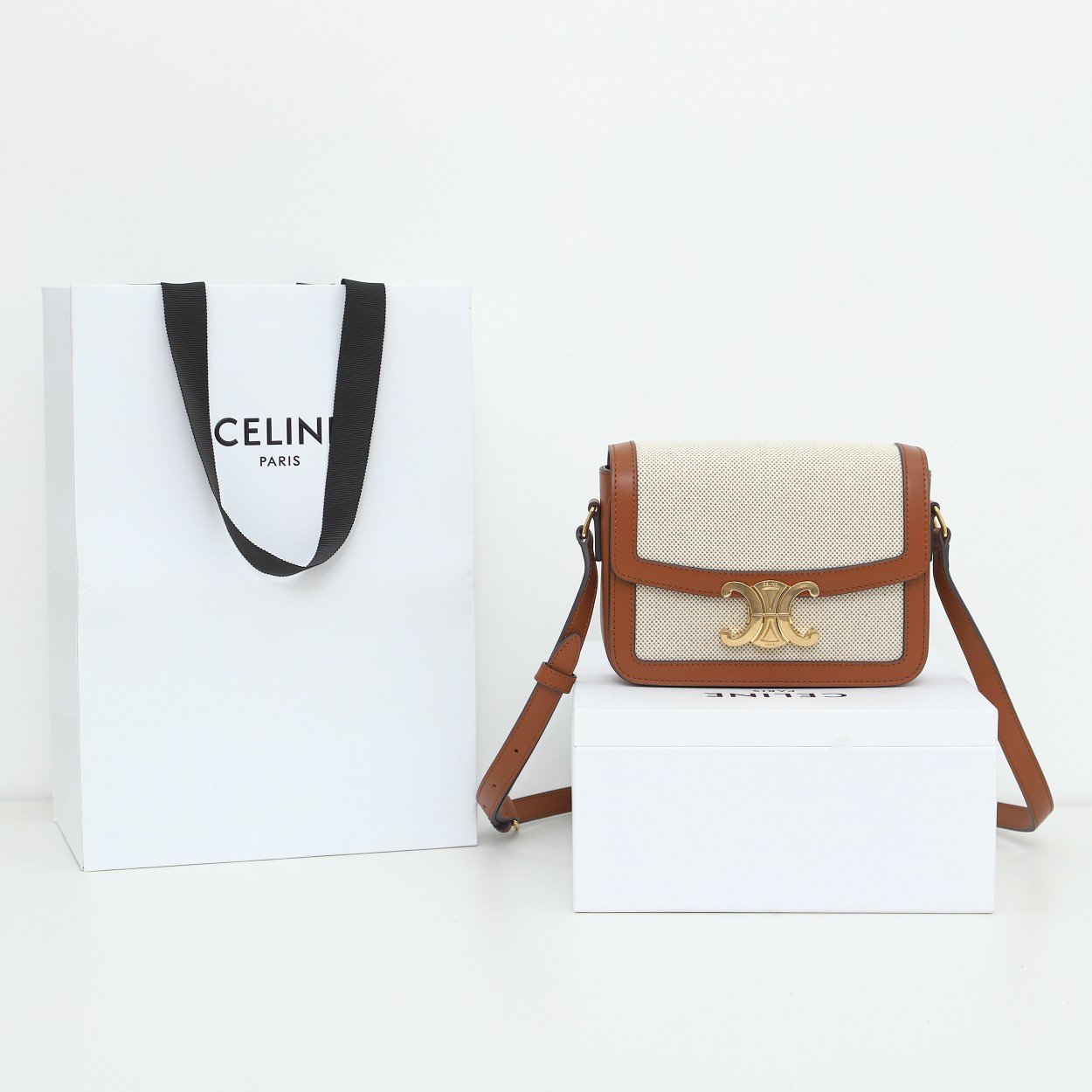 CELINE Teen Triomphe Bag 18.5cm Textile and Calfskin Designer Crossbody Shoulder Bag for Women 4 Colors 10