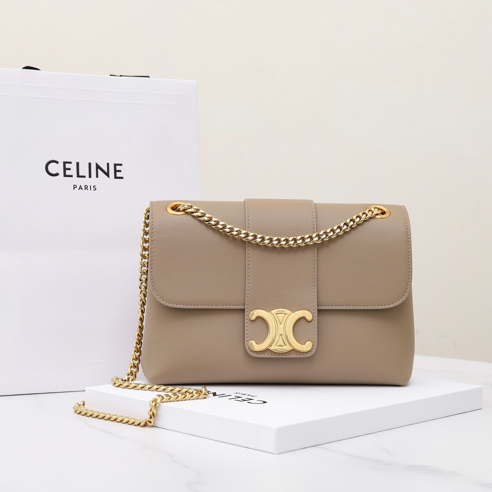 Celine Triomphe Chain Bag 25cm Supple Calfskin and Signature Canvas Medium Flap Shoulder Bag with Gold-Tone Hardware 10