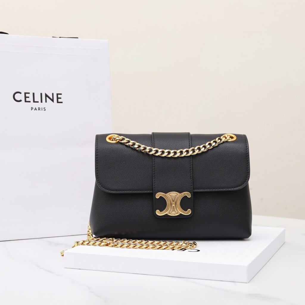 Celine Triomphe Chain Bag 21cm Calfskin Craftsmanship Black & Taupe Flap Bag – Image 4 Celine Triomphe Chain Bag 21cm Calfskin Craftsmanship Black & Taupe Flap Bag – Image 4