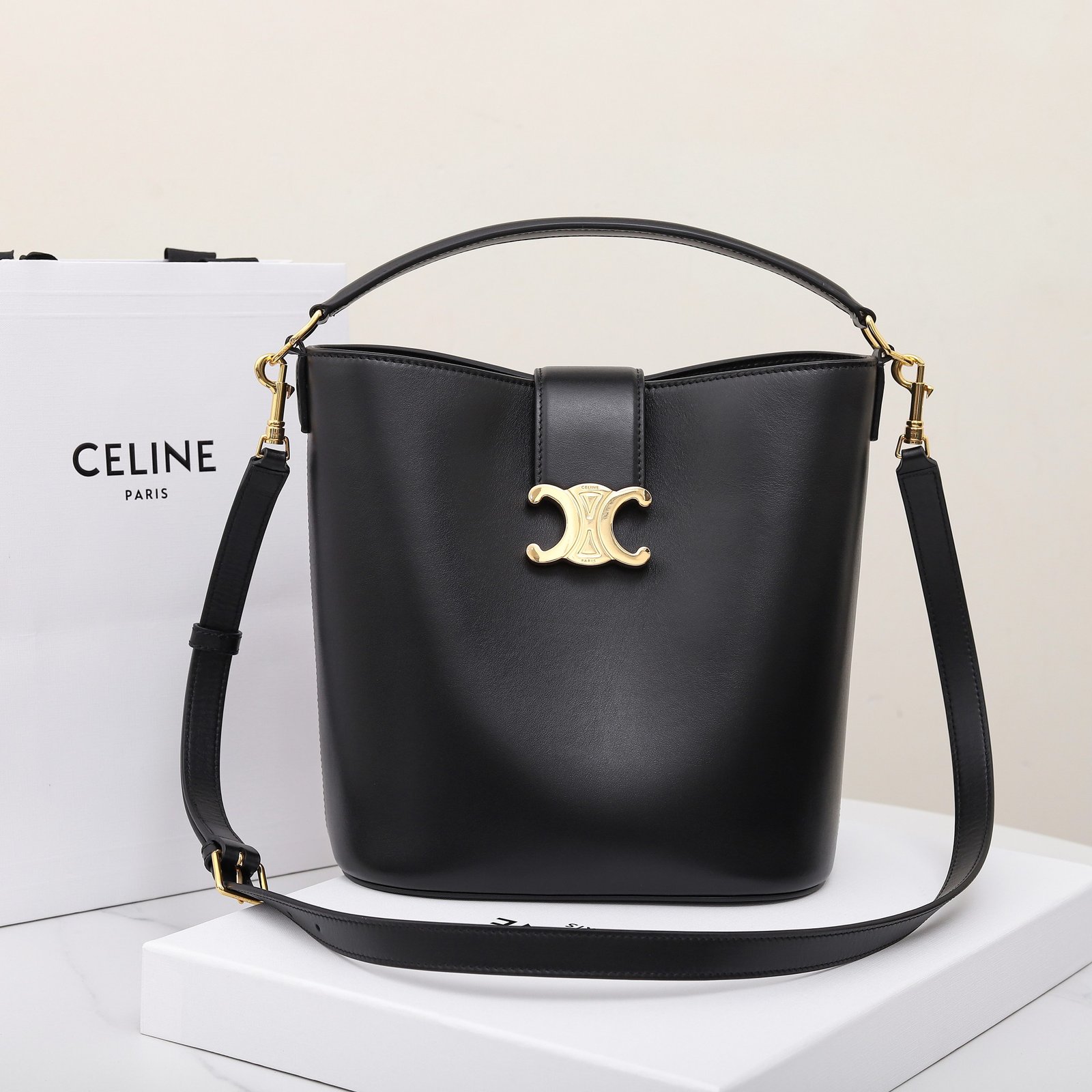 CELINE Triomphe Bucket Bag 28cm Calfskin Smooth Leather Shoulder Bag for Women with Adjustable Crossbody Strap 10