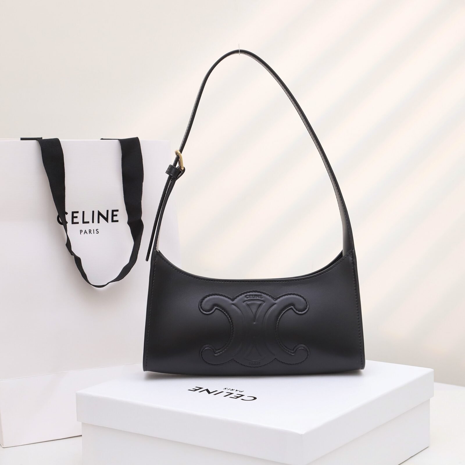 CELINE Triomphe Embossed Calfskin Shoulder Bag Matte Leather Mini Hobo Underarm Bag Handbag for Women 10