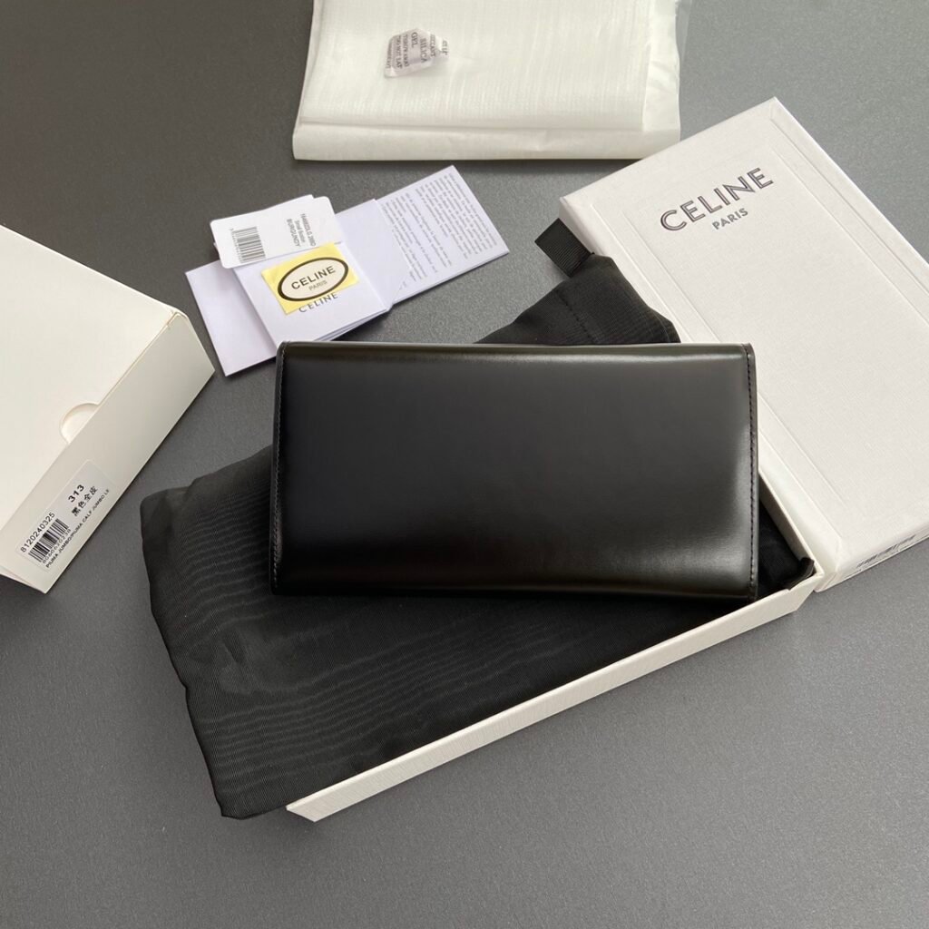CELINE TRIOMPHE Large Flap Wallet 19cm WOC in Canvas, Black & Pebble Calfskin – Image 6