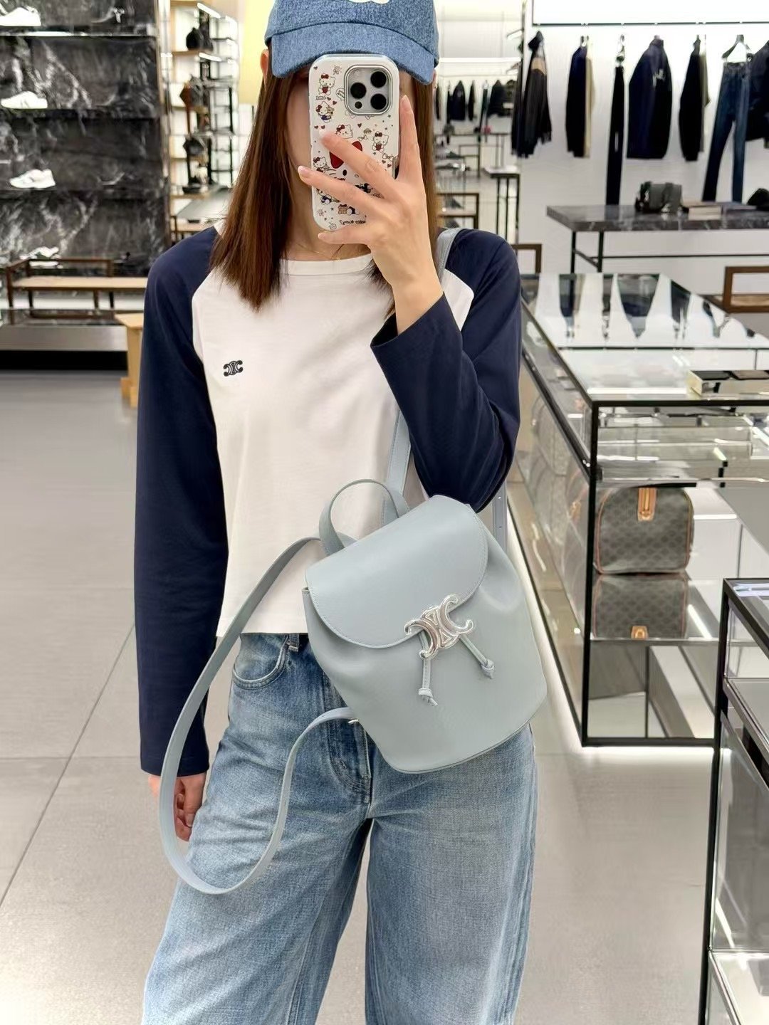 Celine Small Triomphe Backpack Shiny Calfskin Pale Blue Mini Rucksack for Women – Image 11 Celine Small Triomphe Backpack Shiny Calfskin Pale Blue Mini Rucksack for Women – Image 11