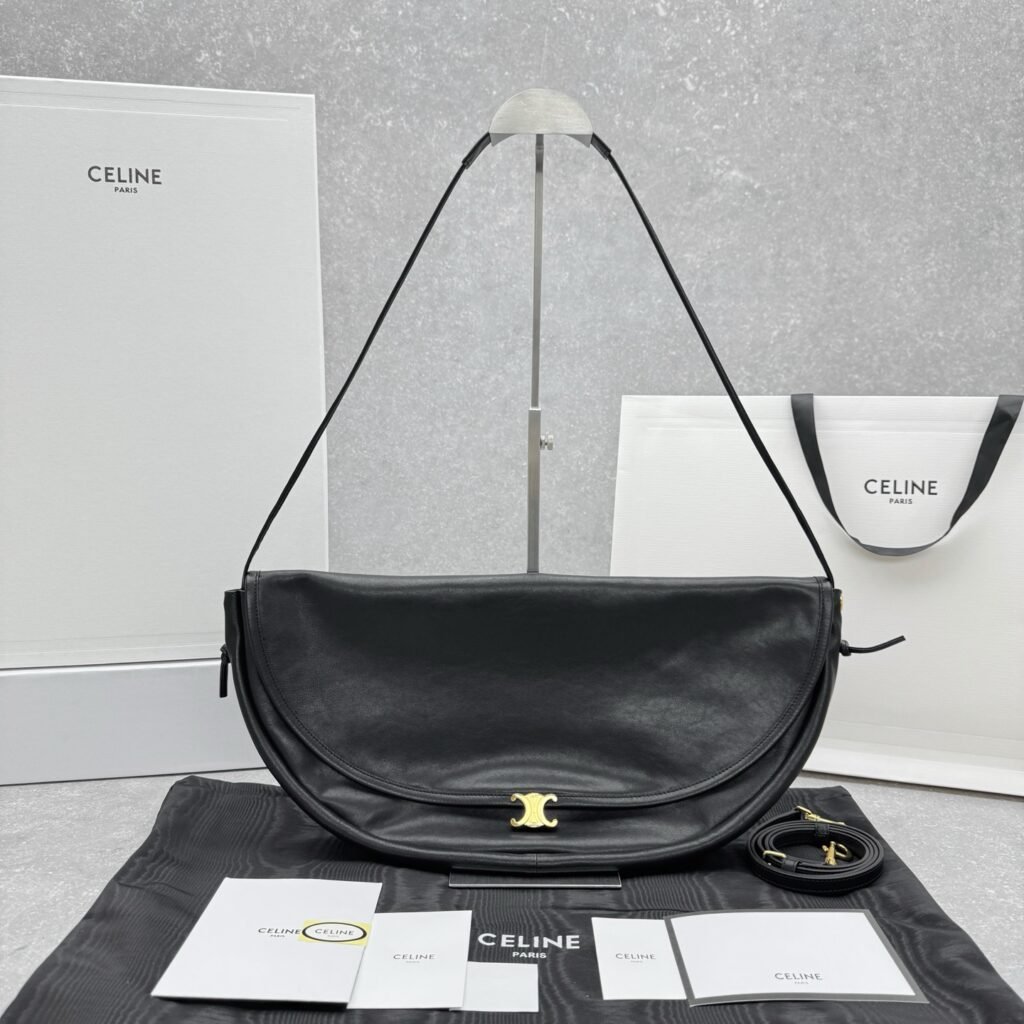 CELINE Halfmoon Bag 46cm Lambskin Vintage Large Hobo Shoulder Bag with Triomphe Metallic Hardware – Image 5