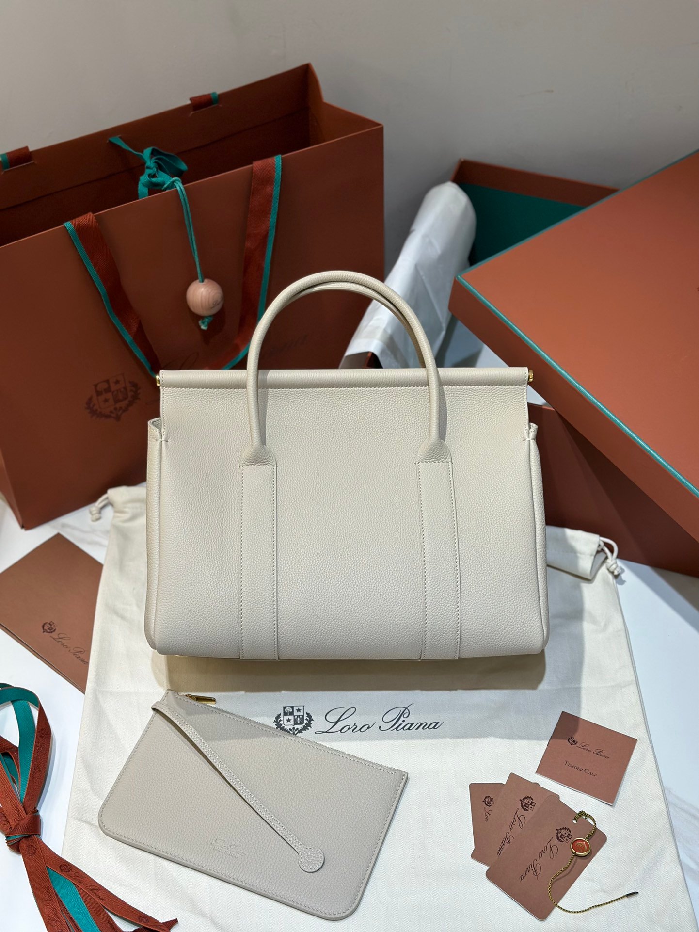 Loro Piana Loom L32 Handbag 33cm Tender Calfskin Luxury Designer Tote Bag with Gold Padlock & Removable Pouch