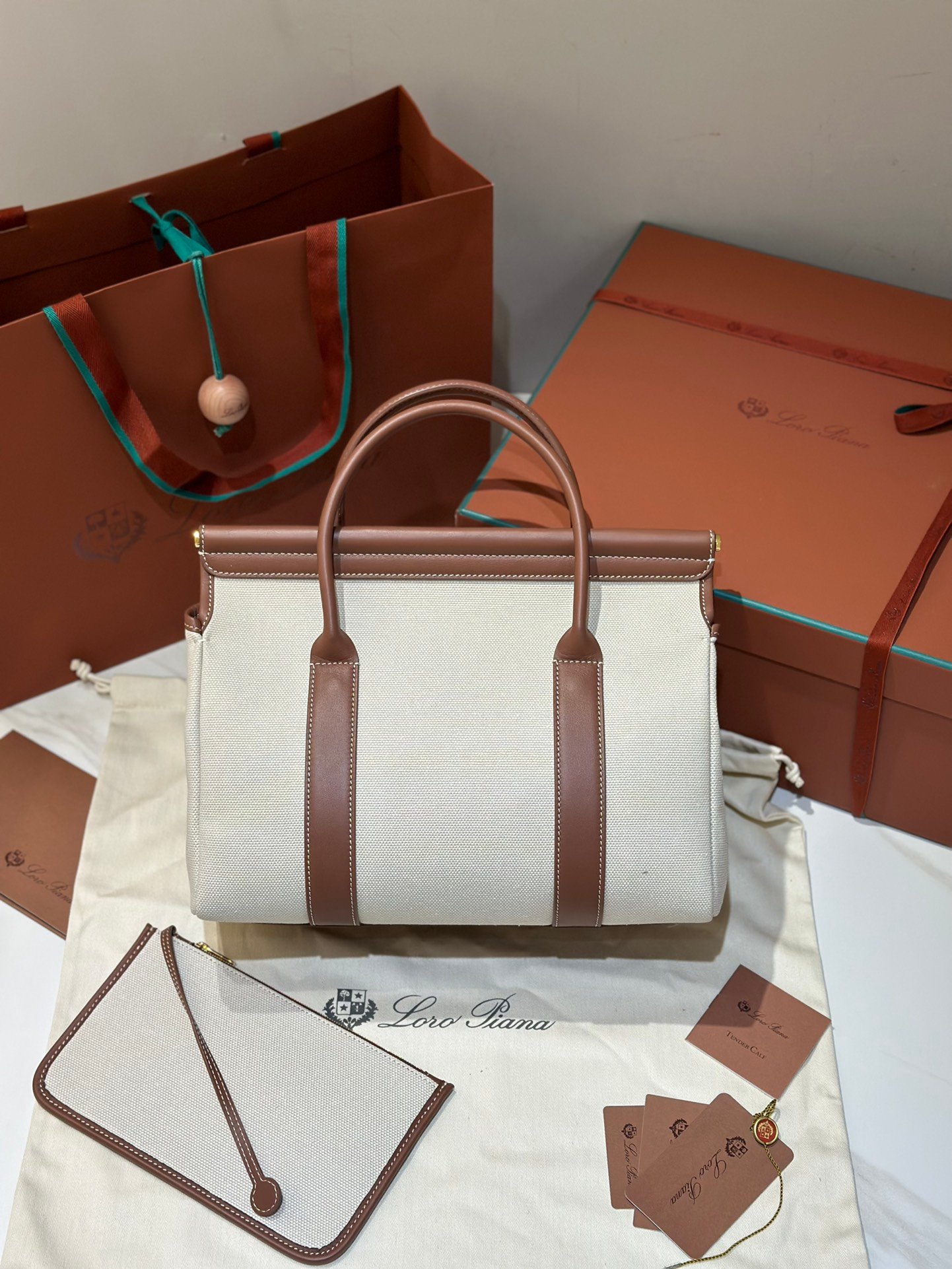 Loro Piana Loom L32 Bag 33cm Designer Canvas & Leather Tote Handbag Work & Travel Satchel with Detachable Pouch